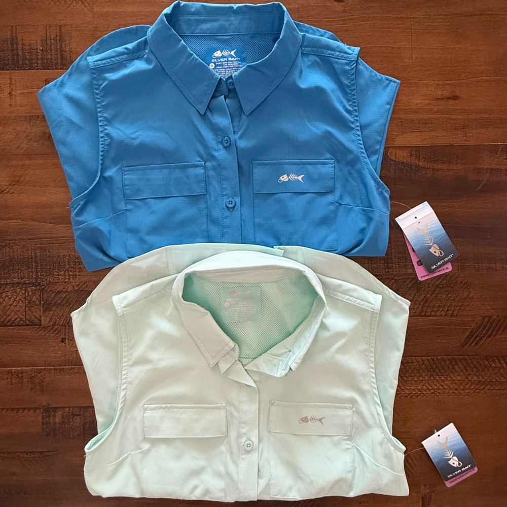 Lot of 2 Silver Bait Performance Sleeveless Fishing Shirts Blue Mint Green Small